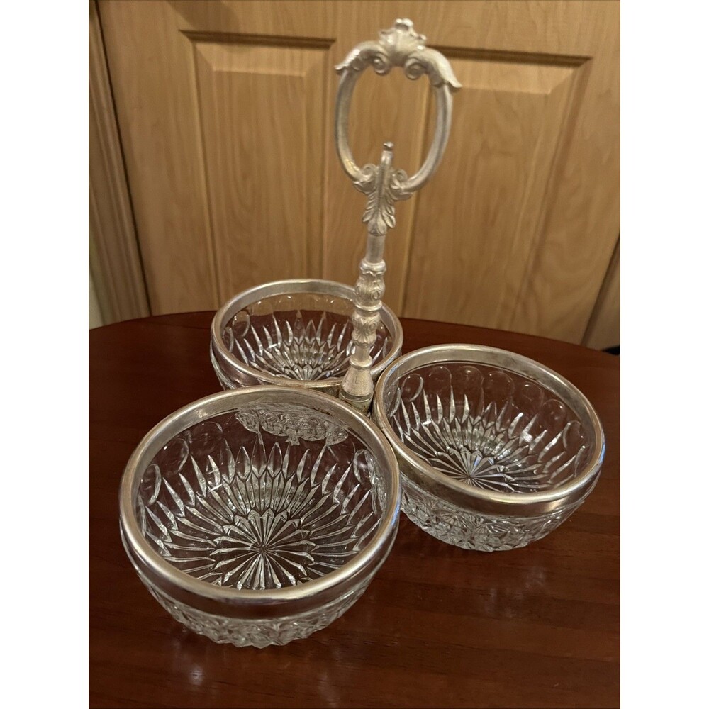 Vintage 3 Condiment Crystal Bowls, Silver Plated Overlay on Rims and Handle. EUC